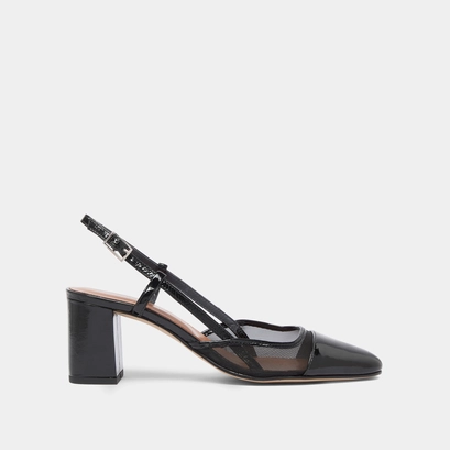 Heeled slingbacks en vernis pliss&eacute; noir et r&eacute;sille noire | DHAPOPILLE