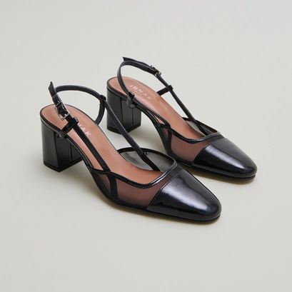 Heeled slingbacks en vernis pliss&eacute; noir et r&eacute;sille noire | DHAPOPILLE