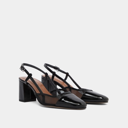 Heeled slingbacks en vernis pliss&eacute; noir et r&eacute;sille noire | DHAPOPILLE