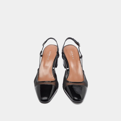 Heeled slingbacks en vernis pliss&eacute; noir et r&eacute;sille noire | DHAPOPILLE