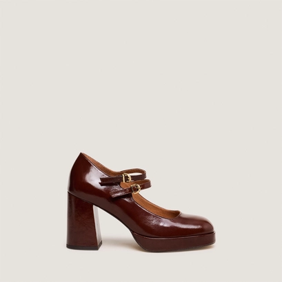 Babies with double straps and rounded toes in shiny brown leather | verite