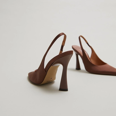 Pointed-toe slingbacks in brown satin | dressy