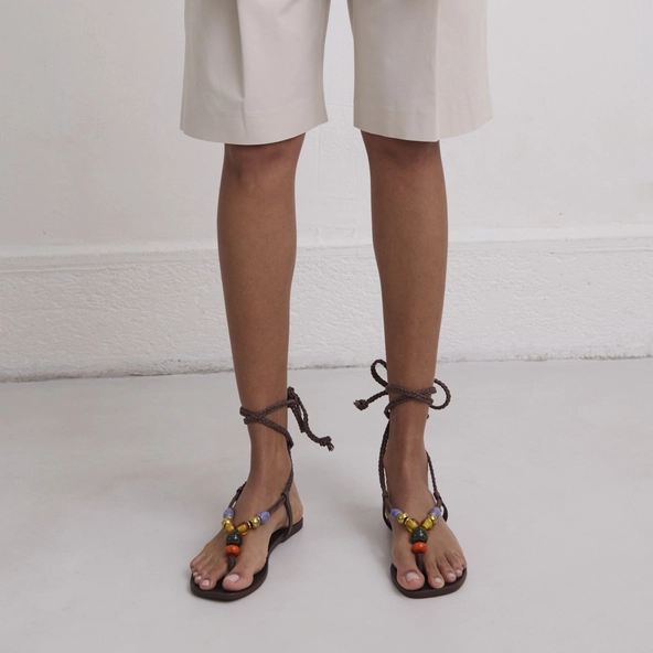 Beach sandals with laces in dark brown leather and rope | SIENNA