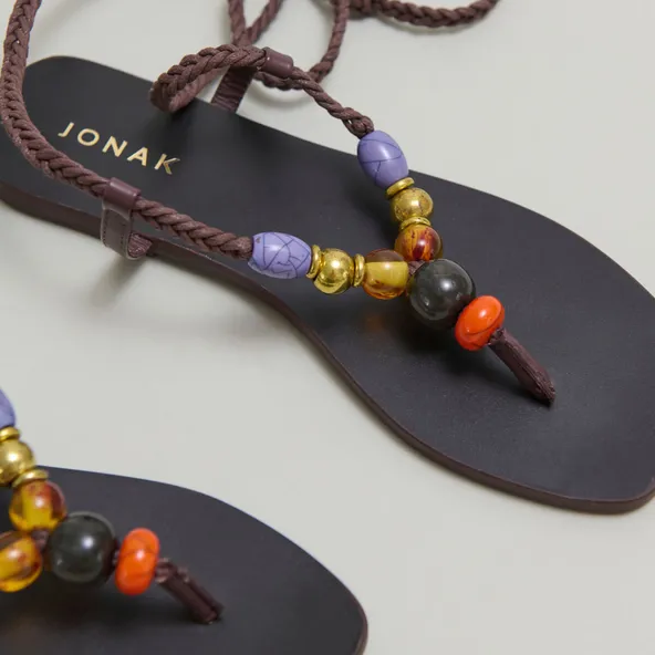 Beach sandals with laces in dark brown leather and rope | SIENNA