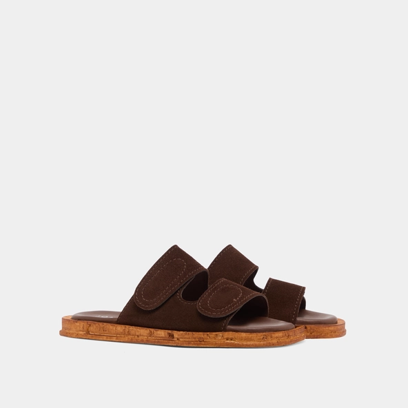 Mules with two straps in dark brown suede | ELSIE