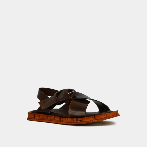 Sandals with criss-cross straps in cognac glazed leather | EULALIE