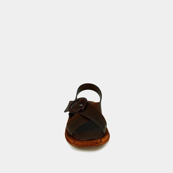 Sandals with criss-cross straps in cognac glazed leather | EULALIE