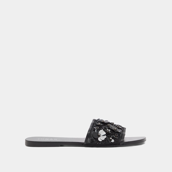 Beach sandals with flowers in black leather and black textile | SUN