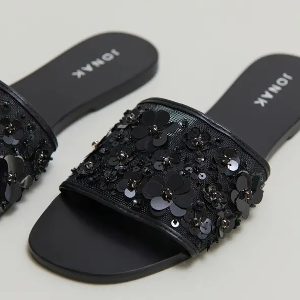 Beach sandals with flowers in black leather and black textile | SUN
