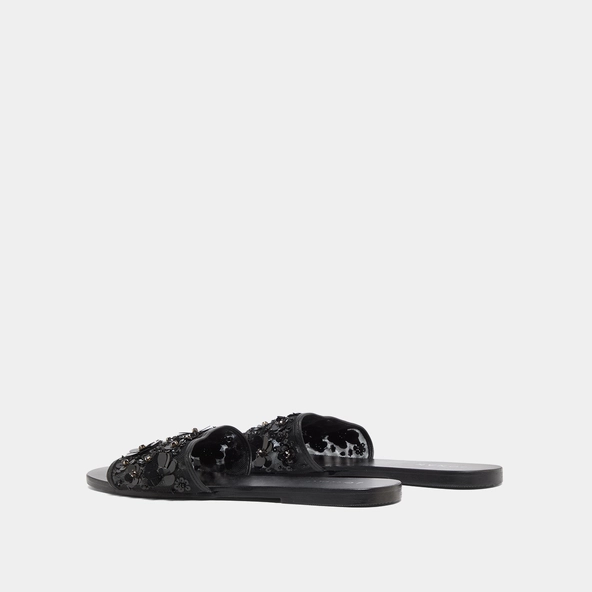 Beach sandals with flowers in black leather and black textile | SUN