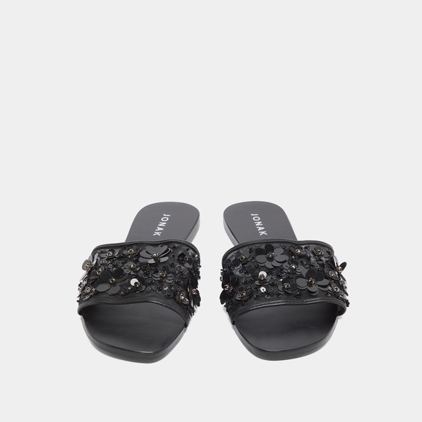 Beach sandals with flowers in black leather and black textile | SUN