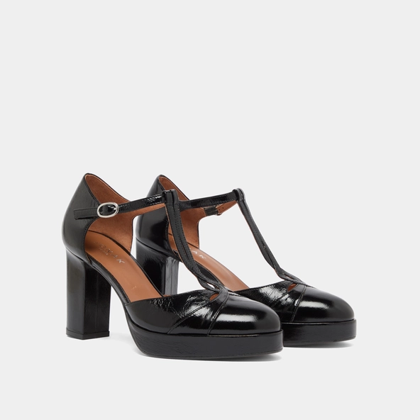 T-bar sandals with heels in black shiny leather | VOLO