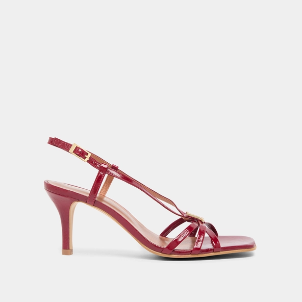 Heeled sandals with monograms in red carmine shiny leather | VOMA
