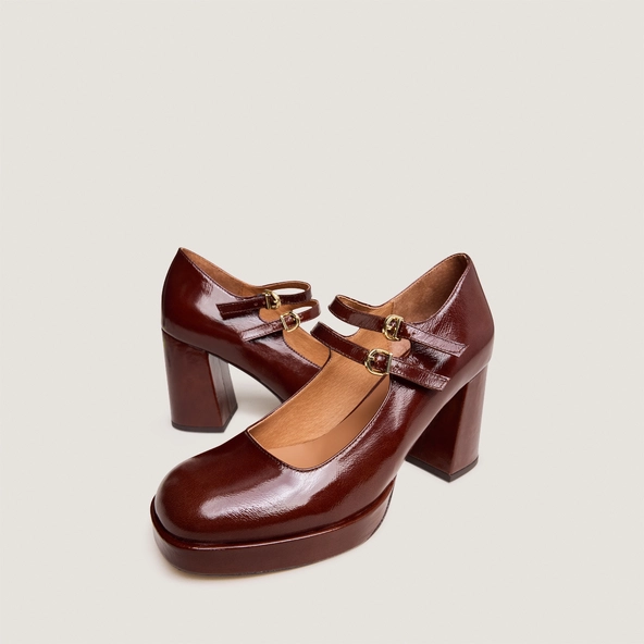 Babies with double straps and rounded toes in shiny brown leather | VERITE