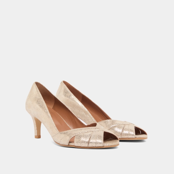 Low heeled pumps in platinum laminated velvet | DAMIENNE