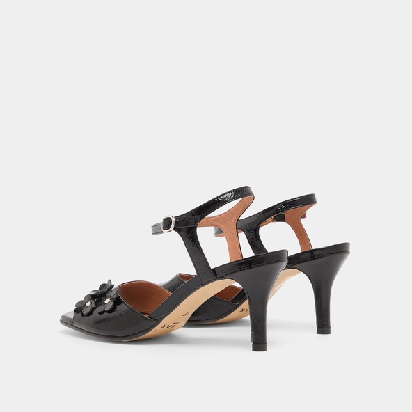 Heeled sandals with flowers in black shiny leather | VAVA