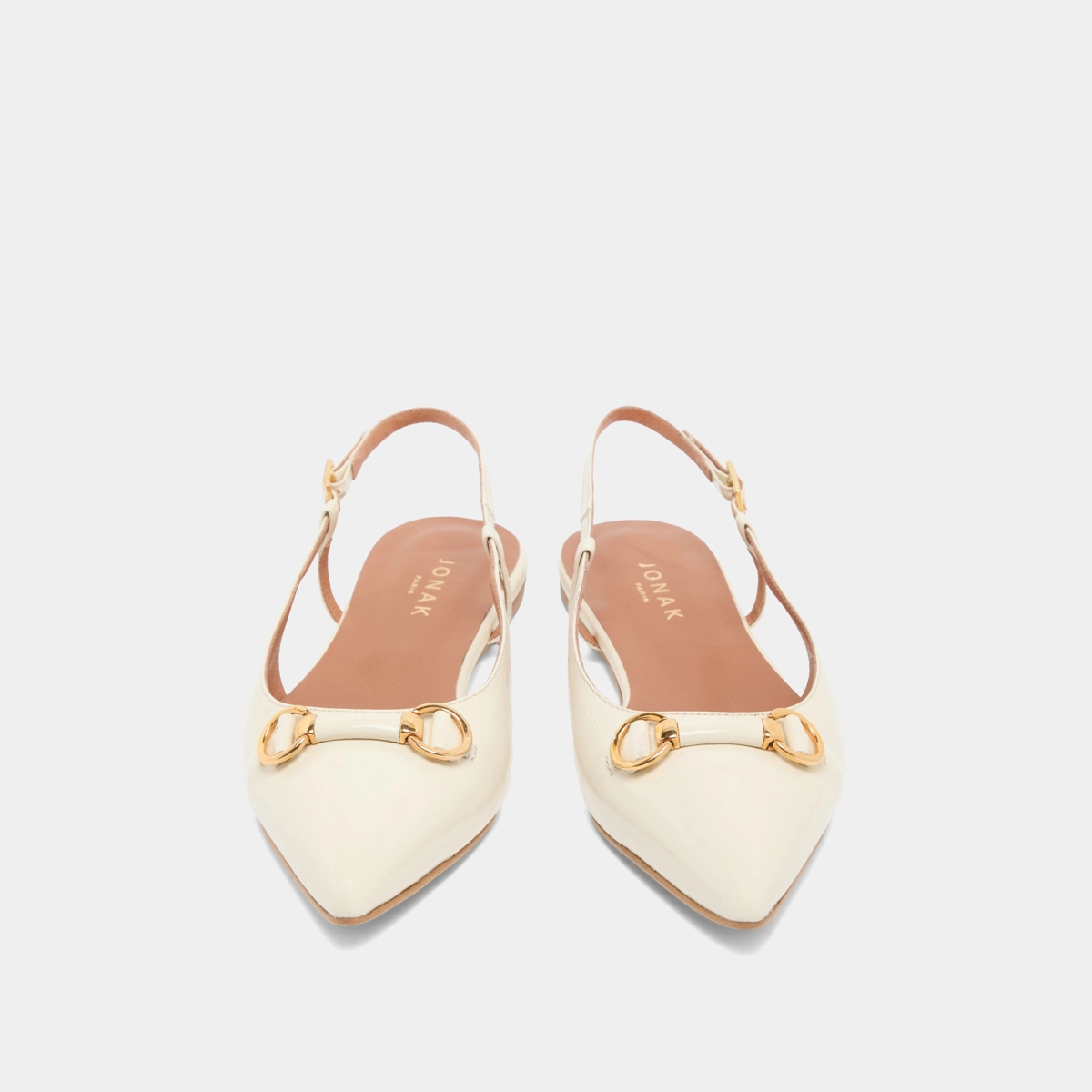 Pointed-toe slingback ballet flats with gold bits in ecru shiny leather | DEDICACE