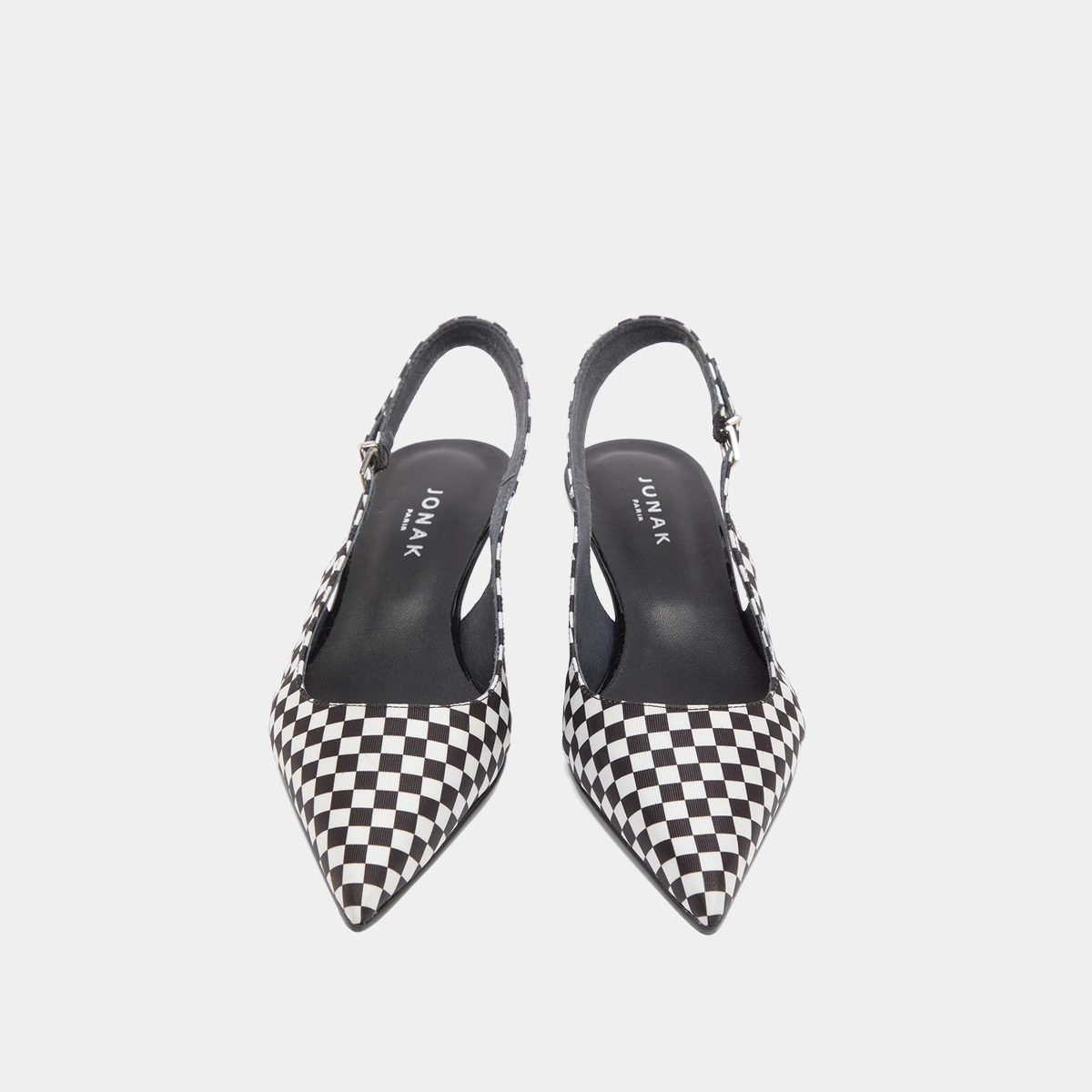 Heeled pumps with adjustable buckles in black and white textile | DOUALA