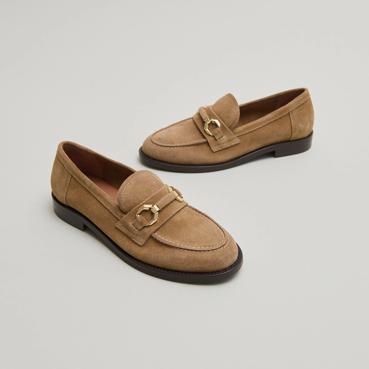 Loafers with gold bits in dark beige suede | DROP