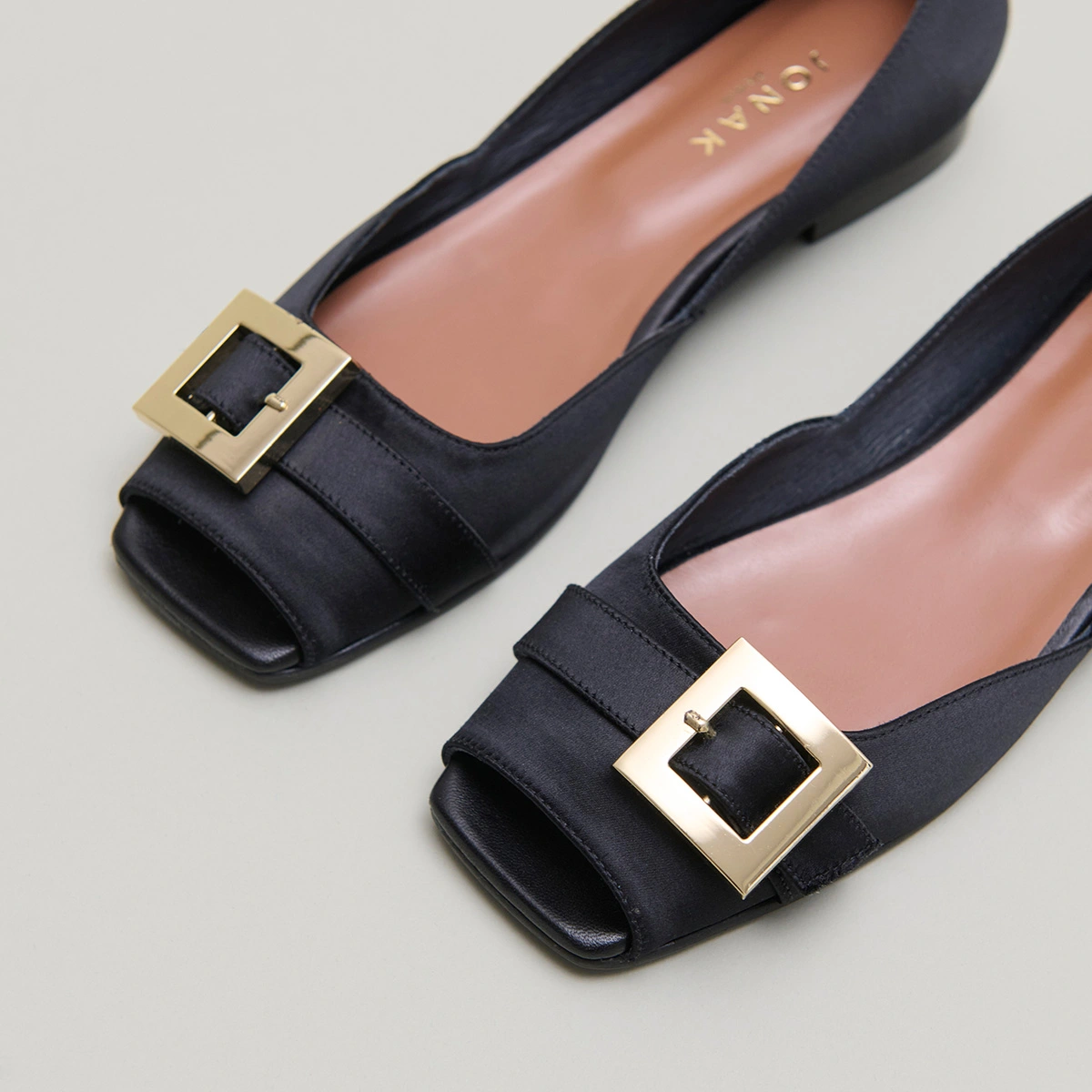 Open-toe ballet flats in black satin | DURANCE