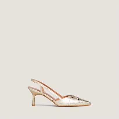 Pointed-toe slingbacks in platinum metallic textile | damour