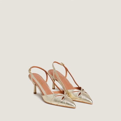 Pointed-toe slingbacks in platinum metallic textile | damour