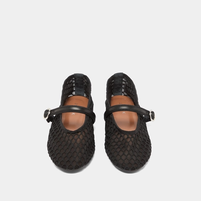 Ballet flats with straps in black mesh | deessia