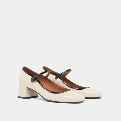 Mary jane with heels and square toes in ecru and black varnish | donzai