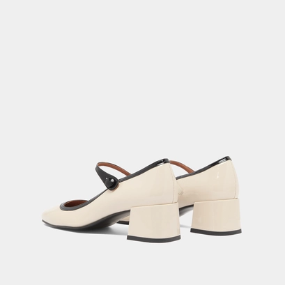 Mary jane with heels and square toes in ecru and black varnish | donzai