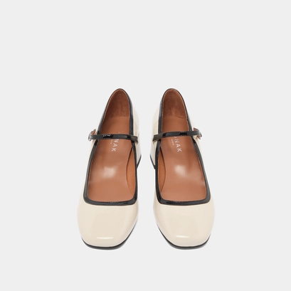 Mary jane with heels and square toes in ecru and black varnish | donzai