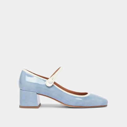 Mary Jane with heels and square toes in pearl varnish and blue varnish | DONZAI
