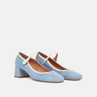 Mary Jane with heels and square toes in pearl varnish and blue varnish | DONZAI