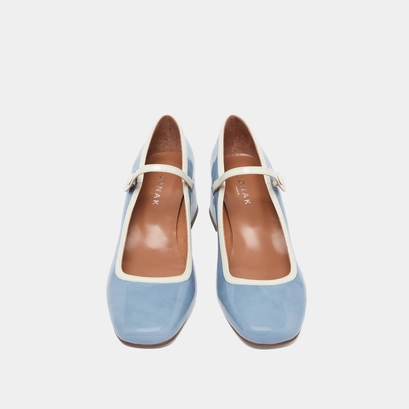 Mary Jane with heels and square toes in pearl varnish and blue varnish | DONZAI