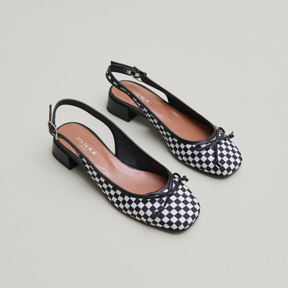 Heeled slingback ballet flats in black and white textile | DAMIUS