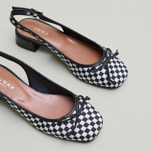 Heeled slingback ballet flats in black and white textile | DAMIUS