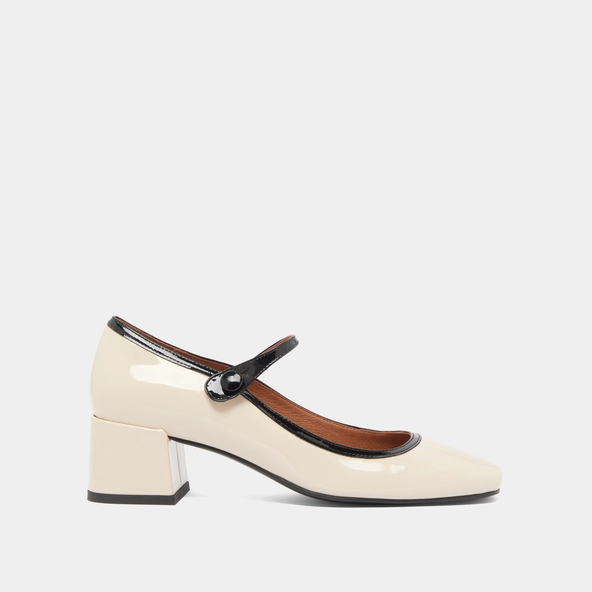 Mary Jane with heels and square toes in ecru and black varnish | DONZAI