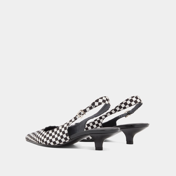 Heeled pumps with adjustable buckles in black and white textile | DOUALA