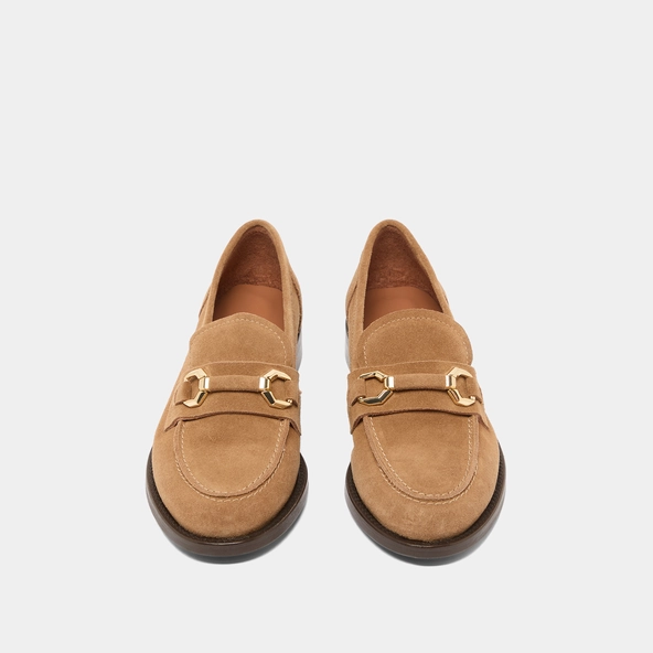 Loafers with gold bits in dark beige suede | DROP