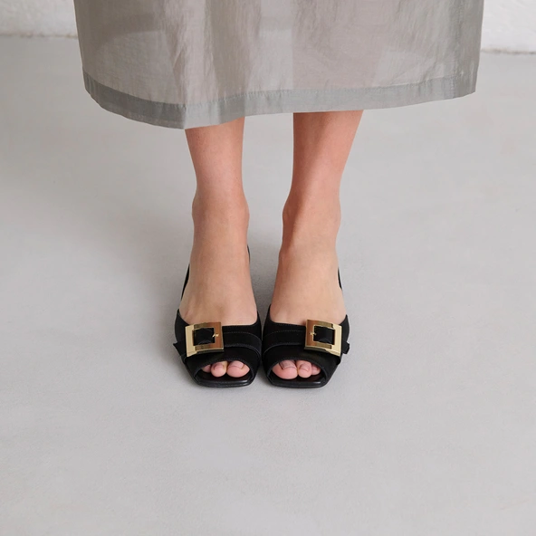 Open-toe ballet flats in black satin | DURANCE