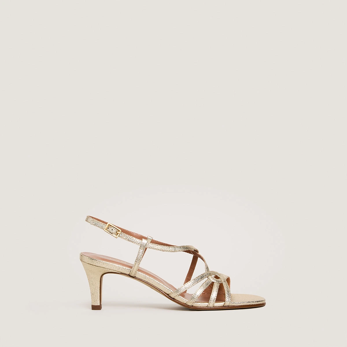 Heeled sandals in platinum metallic textile | DISTRAITE