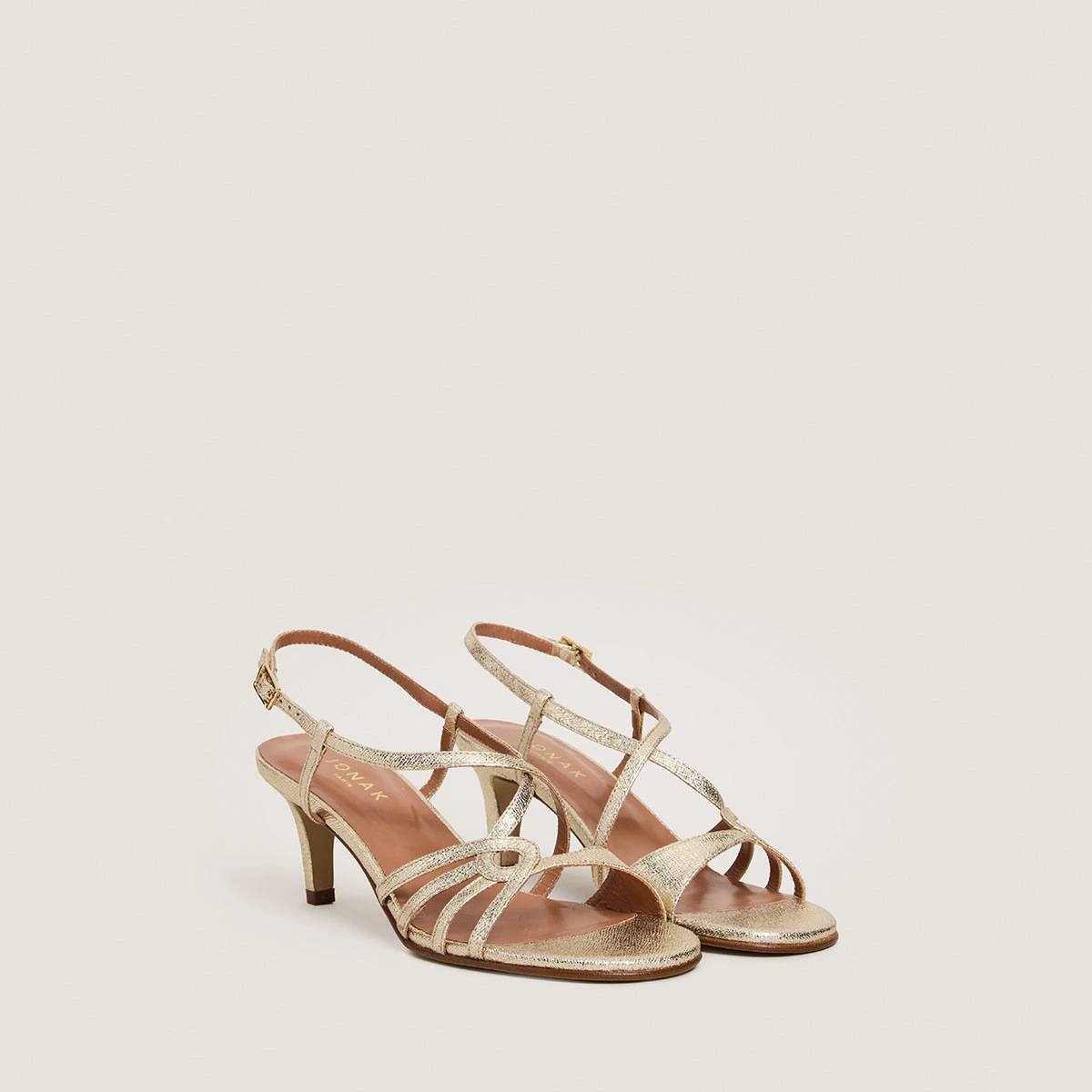 Heeled sandals in platinum metallic textile | DISTRAITE