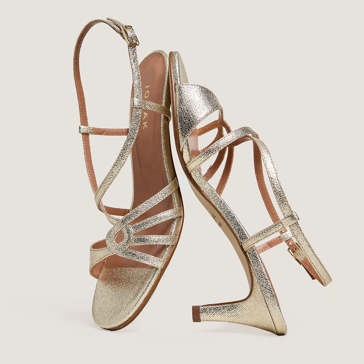 Heeled sandals in platinum metallic textile | DISTRAITE