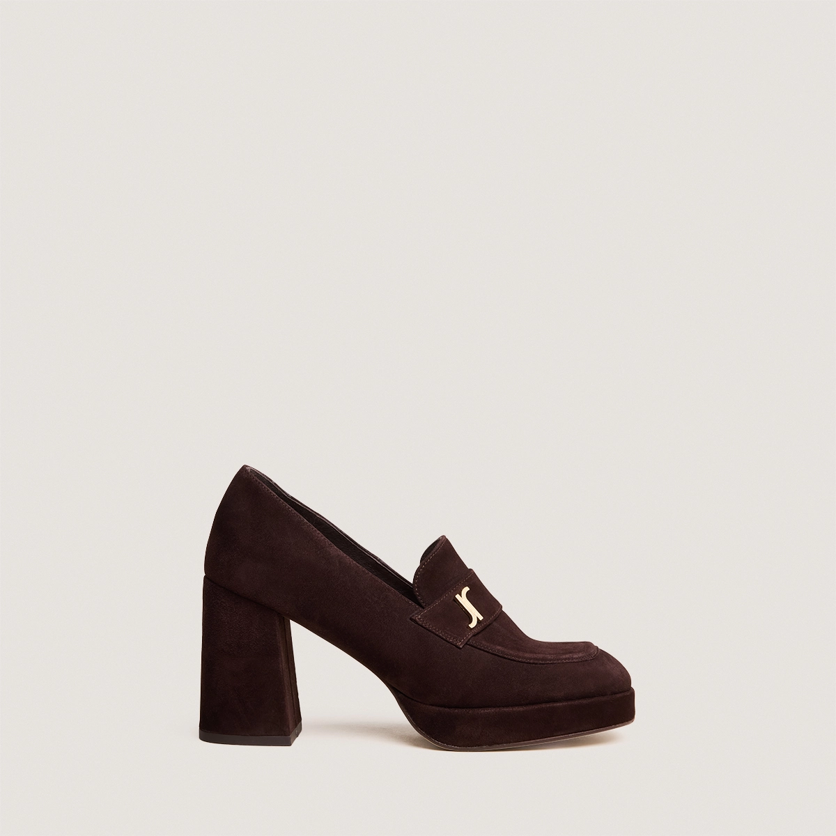 Heeled Loafers with Monogram in dark brown velvet | VIOLON