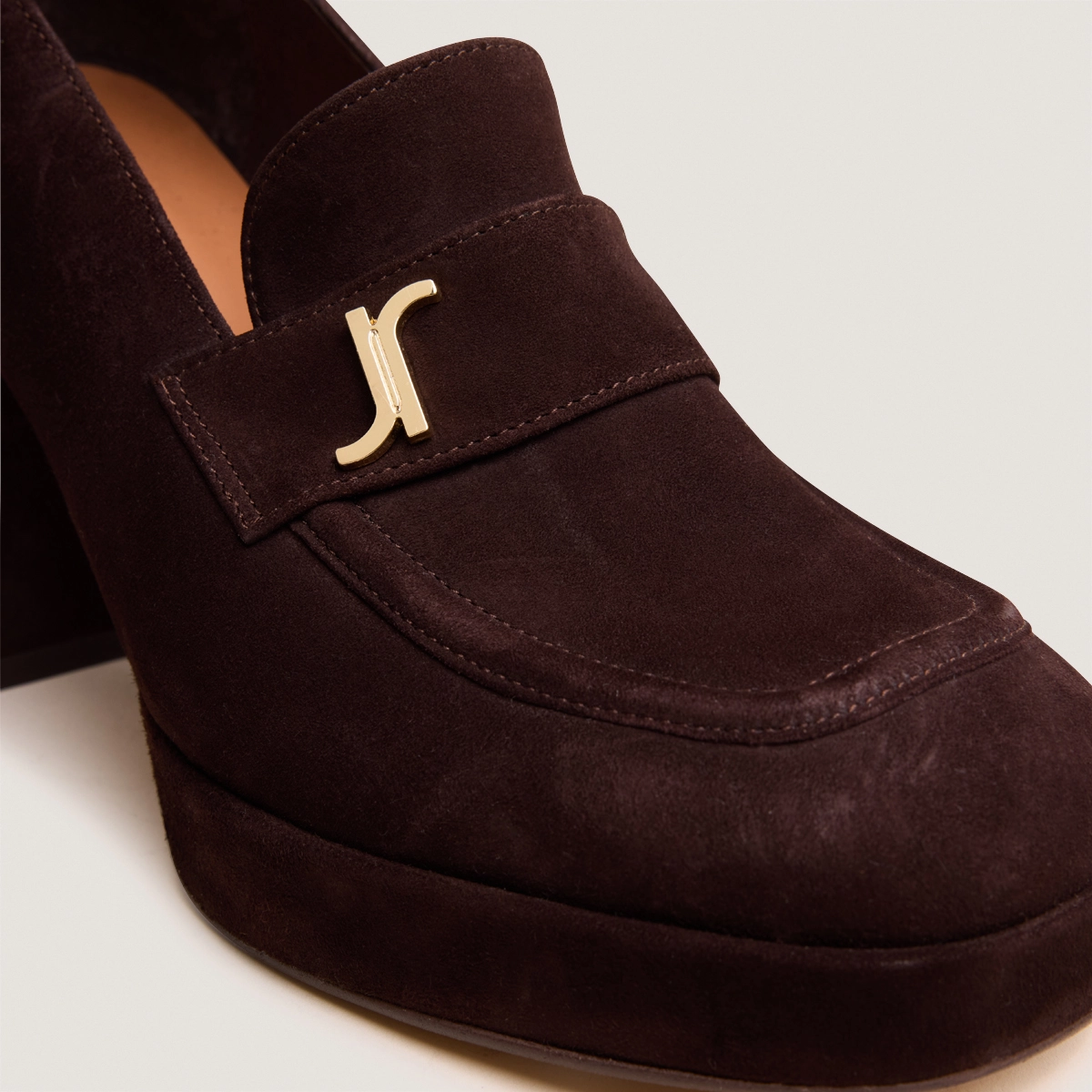 Heeled Loafers with Monogram in dark brown velvet | VIOLON