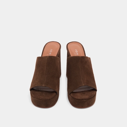 Heeled mules with platforms in brown suede | delle