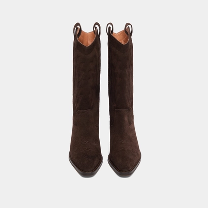 Pointed-toe boots with visible stitching in dark brown suede | delea