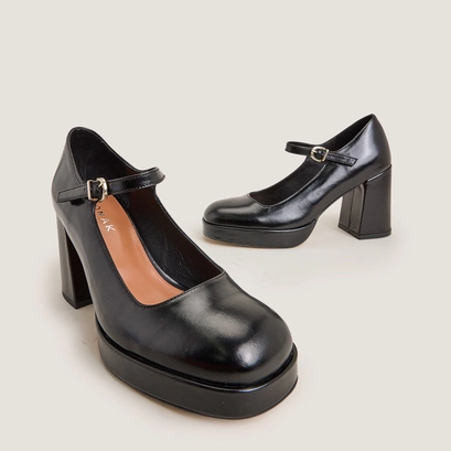 Platform mary jane with rounded toe in black leather | veritox