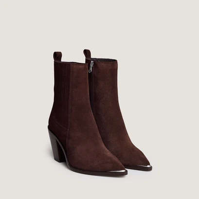 Gathered ankle boots with heel in chocolate brown suede | basama