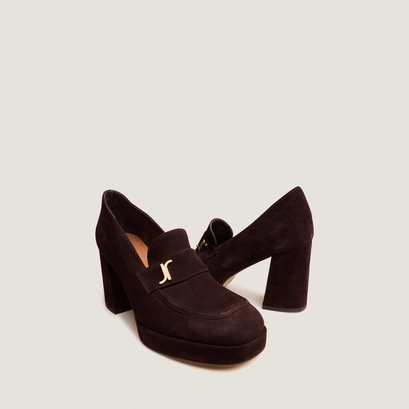 Heeled loafers with monogram in dark brown velvet | violon
