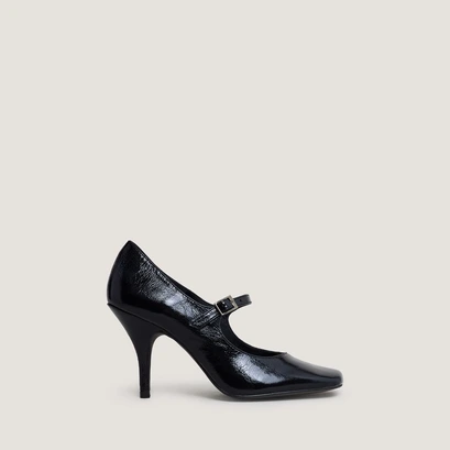 Heeled mary janes with straps in shiny black leather | belfort